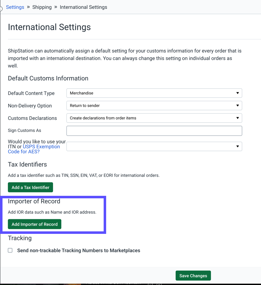 ­INTERNATIONAL Settings. The Add-Importer-of-Record button is shown marked