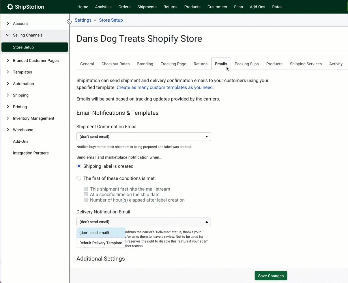 .GIF shows Emails tab on Store Setup. Changes made to Shipment Confirmation & Delivery Notification email menus