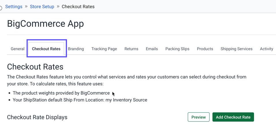 The Checkout Rates tab shown on the Store Setup page.