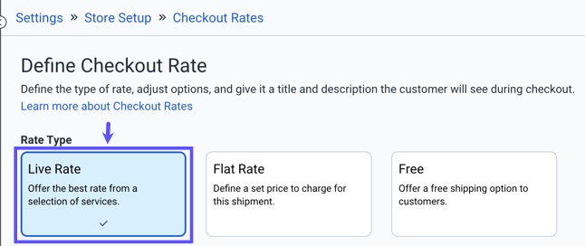 The Define Checkout Rate page shows the Live Rate option selected under the Rate Type.