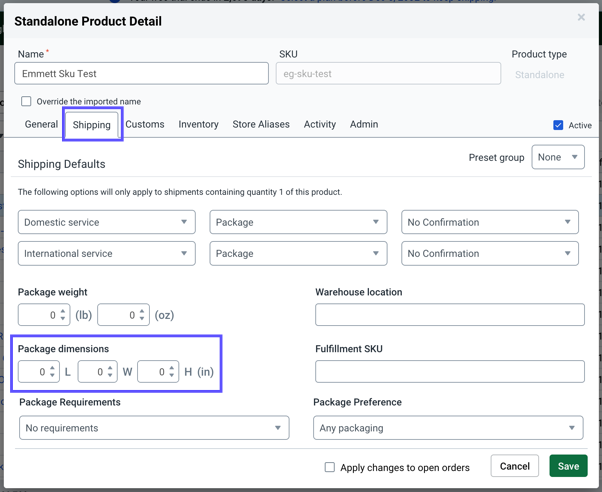 Standalone Product Details. Shipping tab & Package Dimensions shown marked