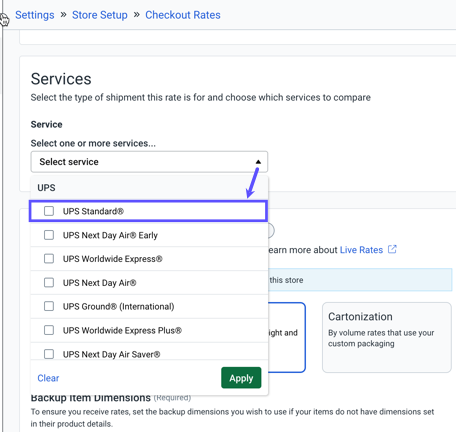The Service drop-down expanded with an arrow pointing to the available services.