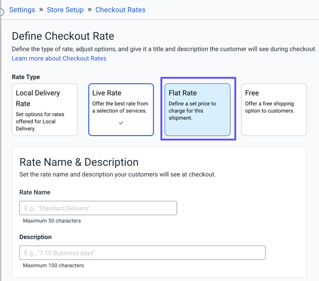 Store settings. Checkout Rates. Flat Rate shown selected
