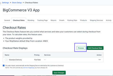 Checkout Rates settings with Preview button highlighted