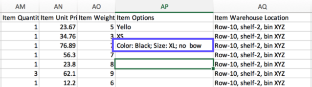 Order Import CSV with Item Options column showing key:value pair sample. "Color: Black; Size: XL; no bow"
