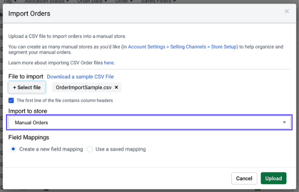 CSV Import Orders pop-up. Red box highlights the Import to Store dropdown