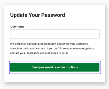 Reset Password screen. Username entered & "Send Password Reset Instructions" button shown.
