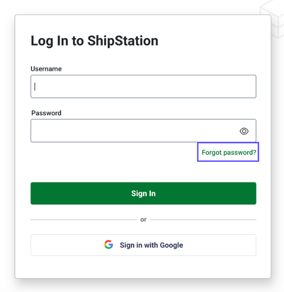 "Forgot my password" link is highlighted on the ShipStation login screen.