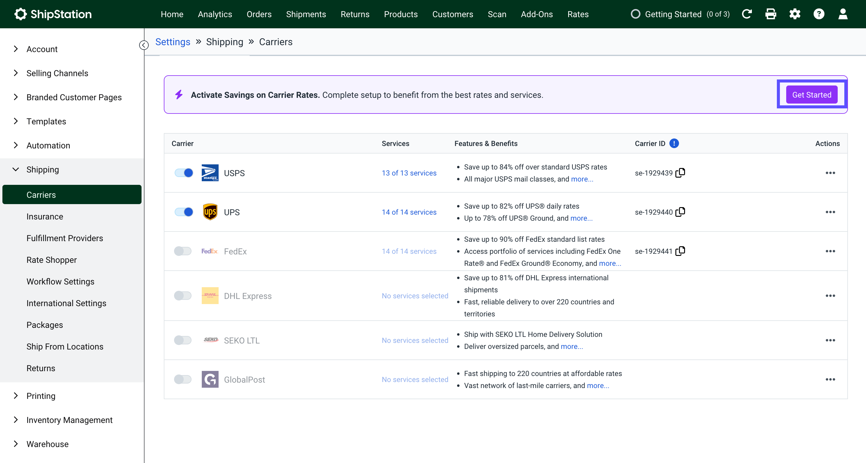 Paramètres des transporteurs, une flèche pointe vers le bouton Commencer