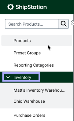Shows Inventory marked in the Products tab. sidebar