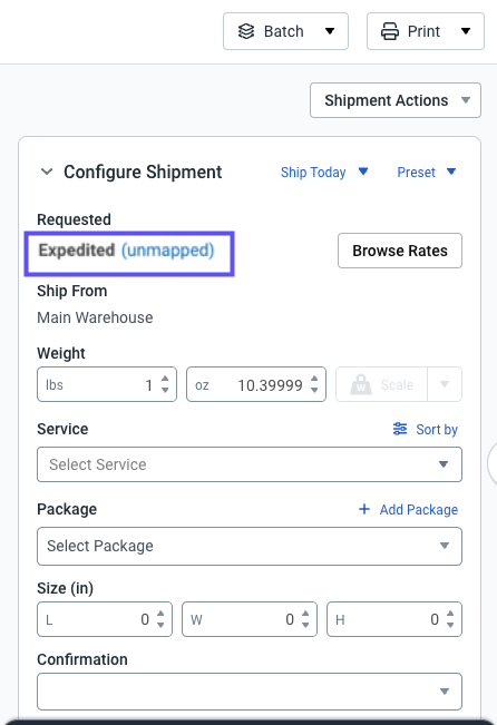 Configure Shipment widget. Shows Expedited, the requested service, as being unmapped