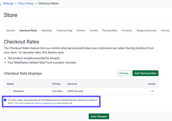 The Checkout Rates tab shows the option marked that says "on order import, automatically set the shipping service selected by the customer at checkout. Note: This will override any service category you have already set."