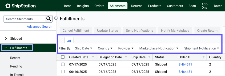 Shipments tab. Fulfillments. Shows the filter bar. Options include Ship Date, Country, Provider, Marketplace Notification, & Shipment Notification.