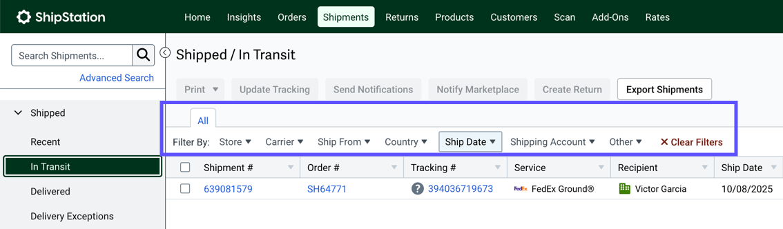 Shipping tab, shows filter bar outlined