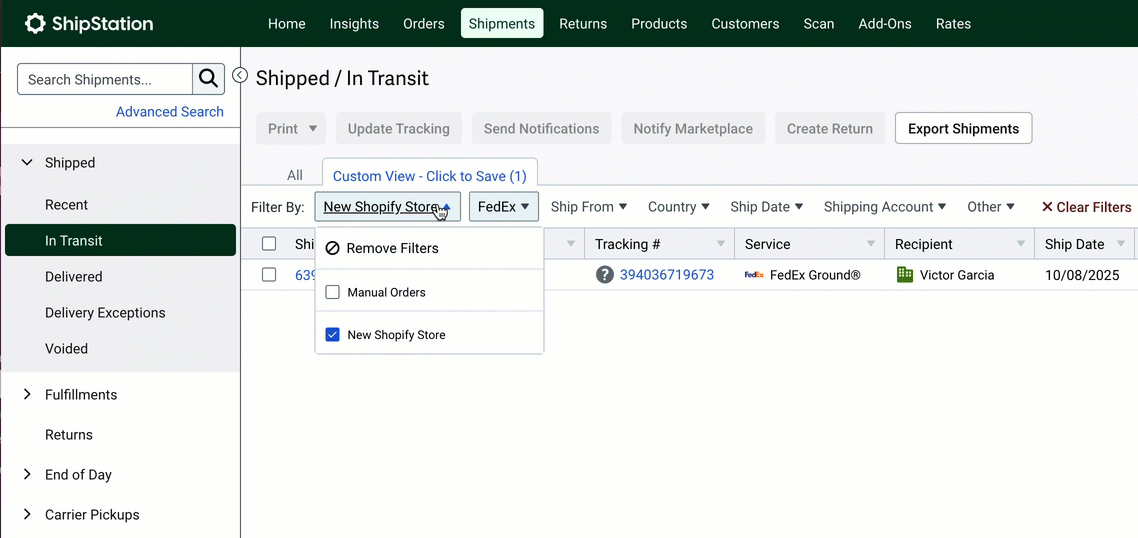 V3 Shipping tab, GIF illustrates applying the Carrier filter for FedEx to shipments.