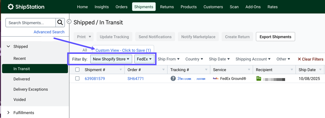 The Shipping grid is shown. Two filters are highlighted. An arrow points to the 'Custom View - Click to Save' tab. The tab name can be clicked to save the custom view.