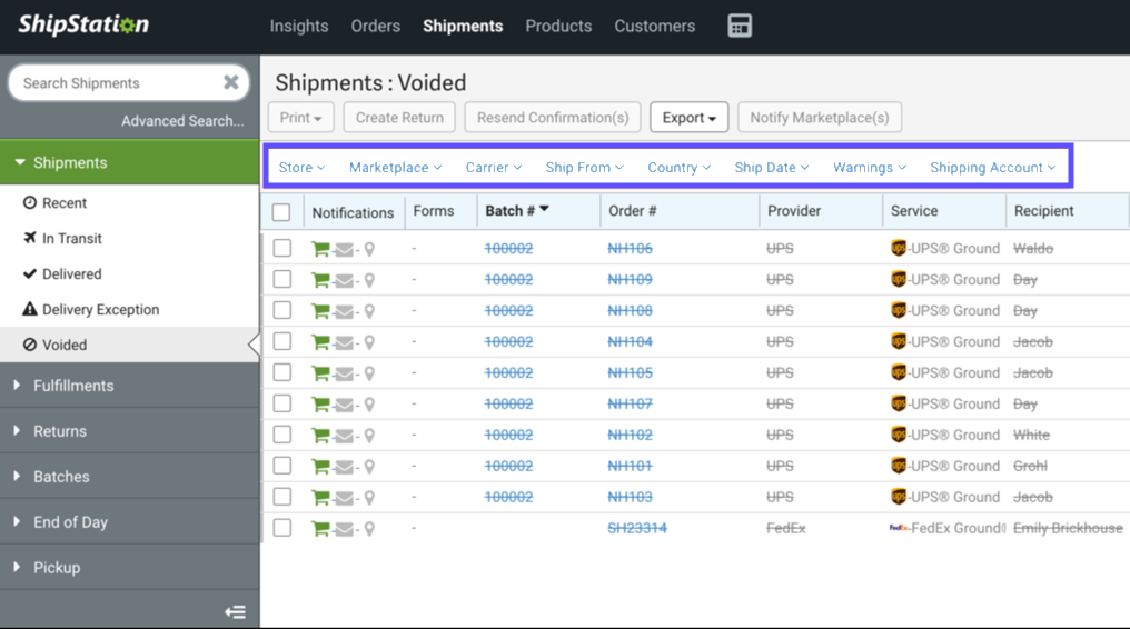 Shipment tab with Filter bar highlighted.