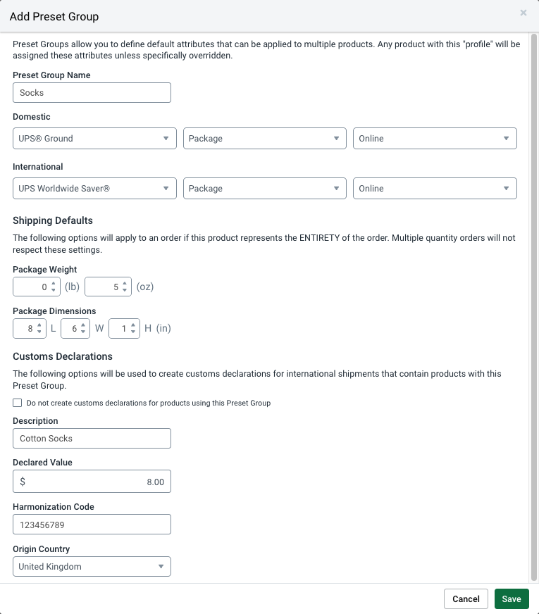 Add Preset Group details screen