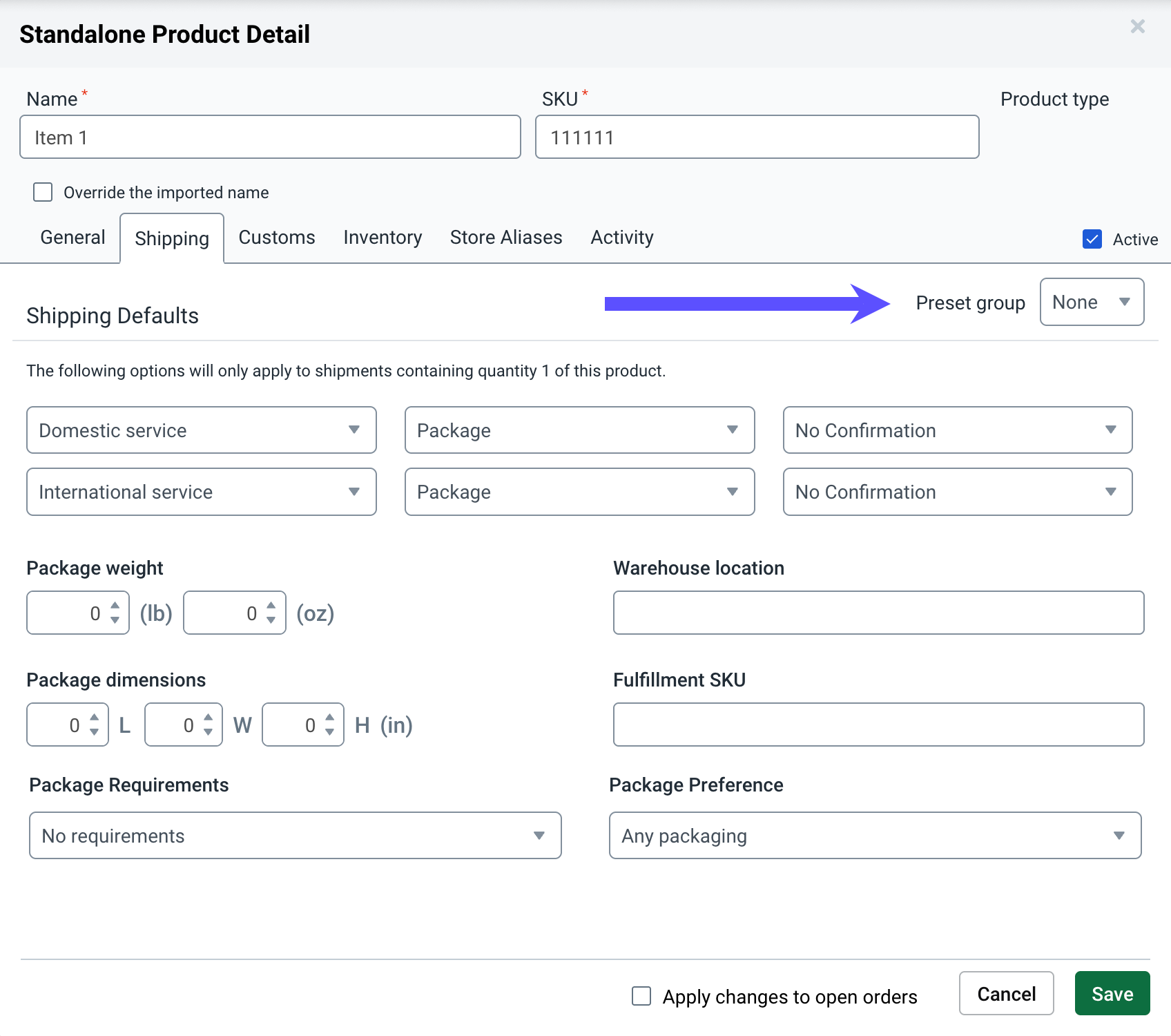 Shipping defaults tab with arrow pointed to Preset group dropdown.