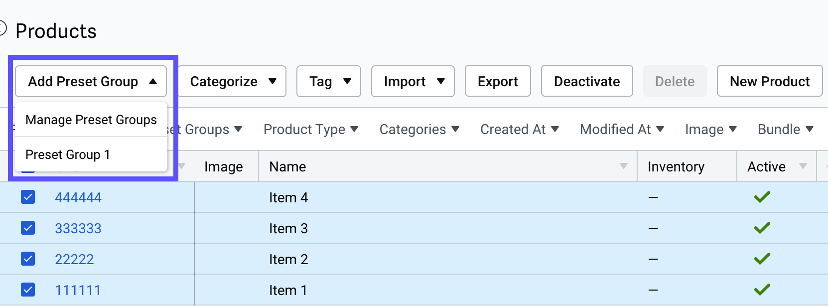Product action menu with red box marking the Apply Preset Group action.
