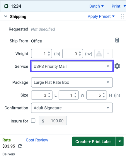 The service drop-down is expanded in the Configure Shipment Widget and USPS Priority Mail is selected as the service.