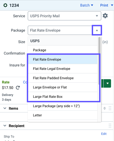 The packages drop-down is expanded and all of the flat rate package options are highlighted.