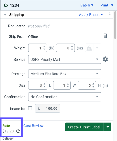 The rate card on the order details screen shows the rate for USPS Priority Mail Medium Flat Rate box.