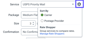 Action menu located next to Service dropdown shows Carrier and Postage Provider options