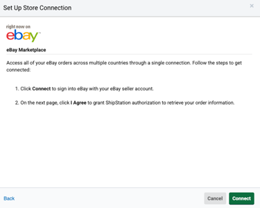 eBay connection screen with the Continue button highlighted.