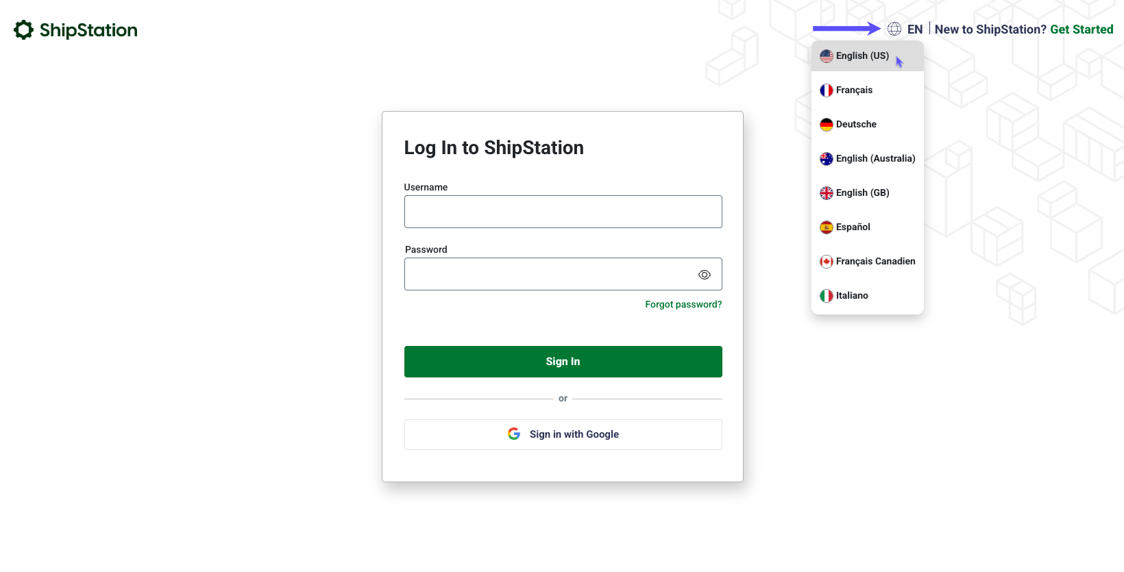 Language drop-down showing the available languages to choose for ShipStation.