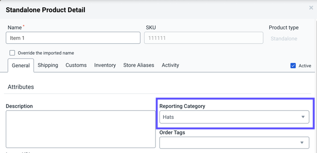 Product details general tab with Reporting Category drop-down menu highlighted.
