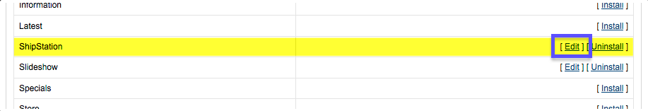 Opencart extensions list with the Edit link for ShipStation option highlighted.