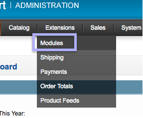 Opencart extensions menu with Module option highlighted.