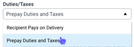 The shipping sidebar with the duties/taxes drop-down highlighting the Prepay Duties and Taxes option.