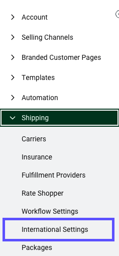 Settings sidebar with Shipping section open and International section highlighted.