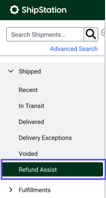 SHIPMENTS tab side navigation. Shows Shipped > Refund-Assist marked