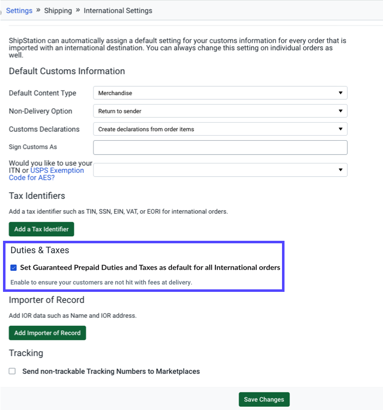 Shows Guaranteed Prepaid Duties & Taxes enabled in the Dutes & Taxes section of International Settings