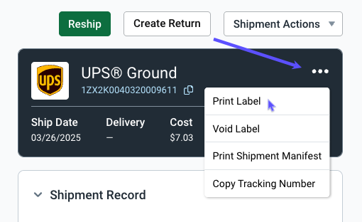 V3 Order Details shipments section, red arrow points to action menu with Print Label option selected
