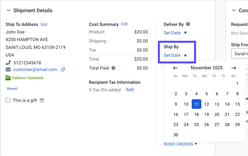Order Summary in Order Details with Calendar icon for Ship By date and date picker highlighted.