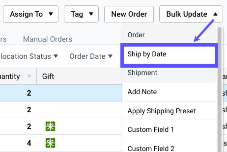 Bulk Update dropdown menu. Selected option = Ship by Date