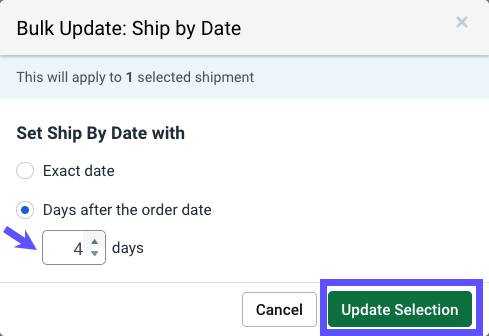 Bulk Update - Ship By Date Popup. Option = Days after order date. Counter shows 4 days selected