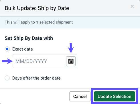 Bulk Update - Ship By Date pop-up. Enter exact date in Ship by Date field or via calendar icon. Lists how many orders action applies to.