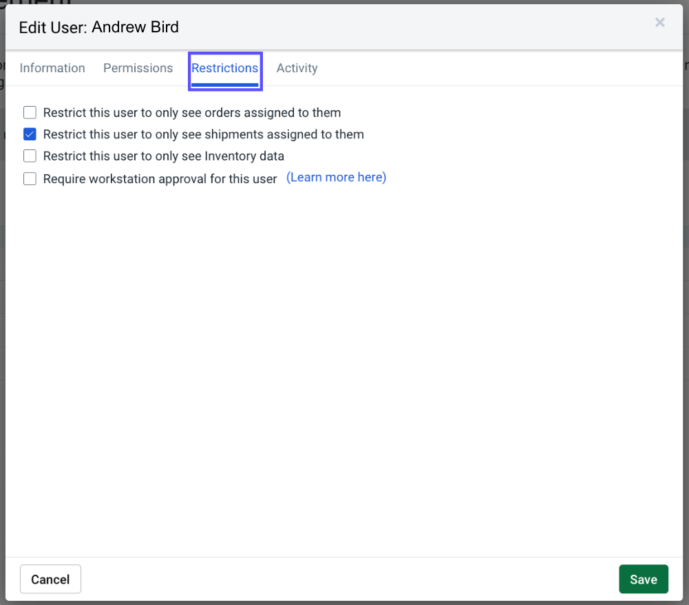 Edit User Pop-up with the Restrictions tab highlighted.