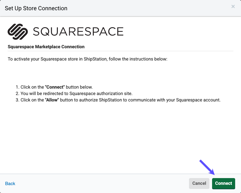 Squarespace set up screen, arrow points at Connect button