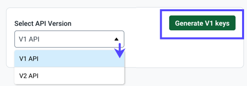 Account settings: API Keys: Select API Version dropdown. Generate New API Keys button.