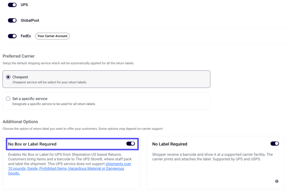 Configure Shipping RETURNS > Shipping Options. Shows toggle to enable No-Label-No-Box feature