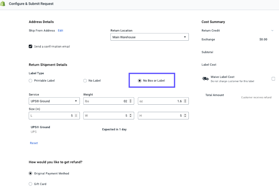 Return Shipment Details. Shows the No-­­Box-­­No-­­Label ­­ option Chosen as ­­Return-­­Option