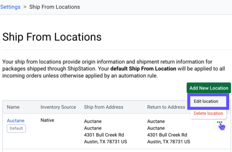 Ship From Locations menu with arrow pointing to Edit link.