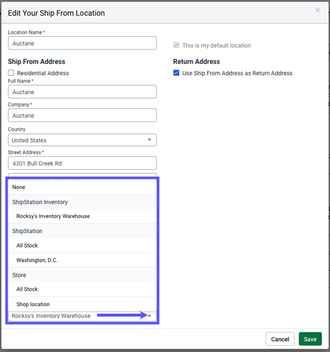 Sample Ship From Location details panel. Red box highlights Inventory Source dropdown, arrow points to location.