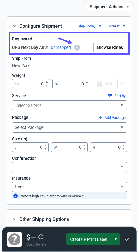 Configure Shipment Widget. Shows the Requested Service tool tip: the Letter-I info icon.